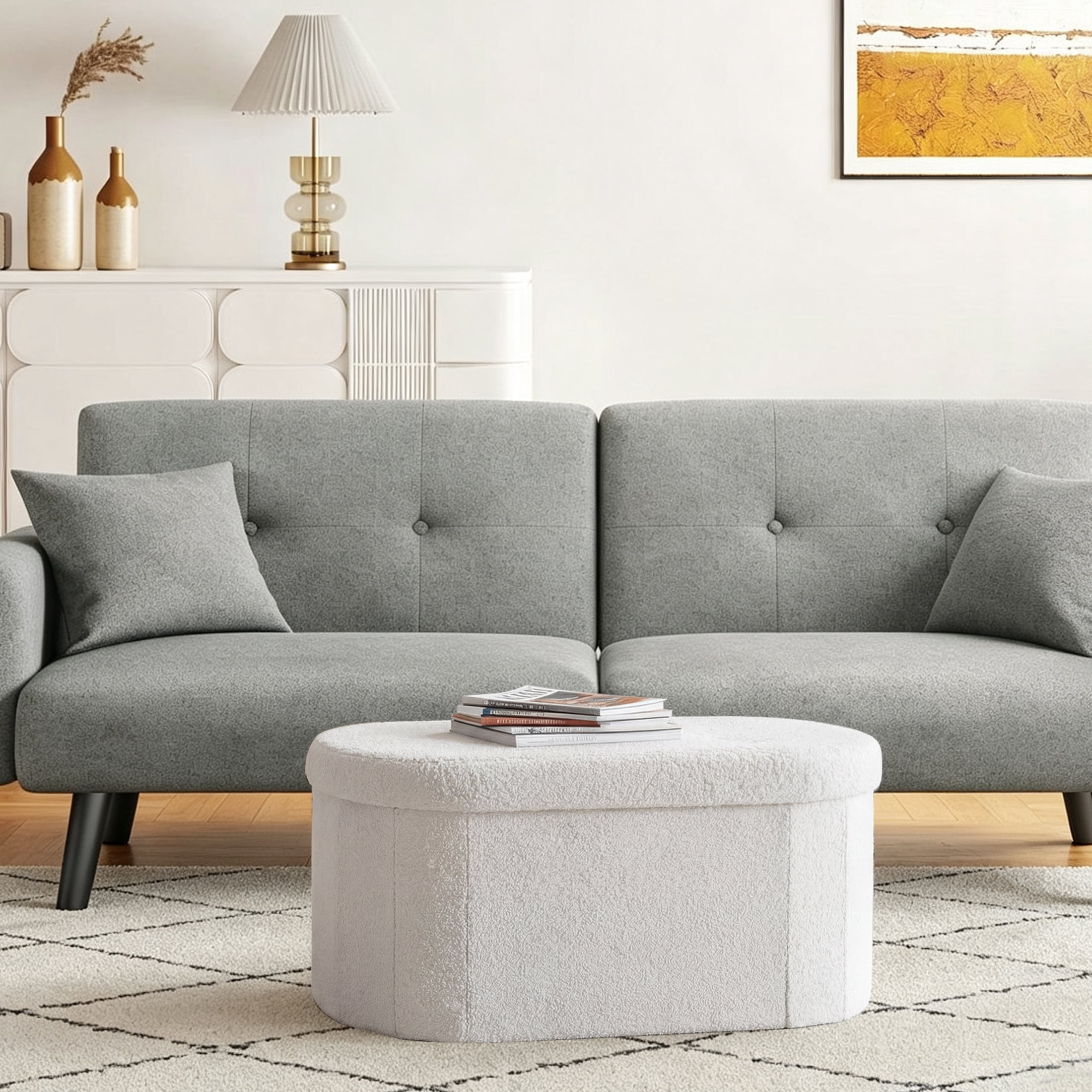 CONCETTA 30in Ottoman with Storage, Folding Foot Rest for Living Room & Bedroom, Versatile Home Bench in Soft Teddy Fabric, White