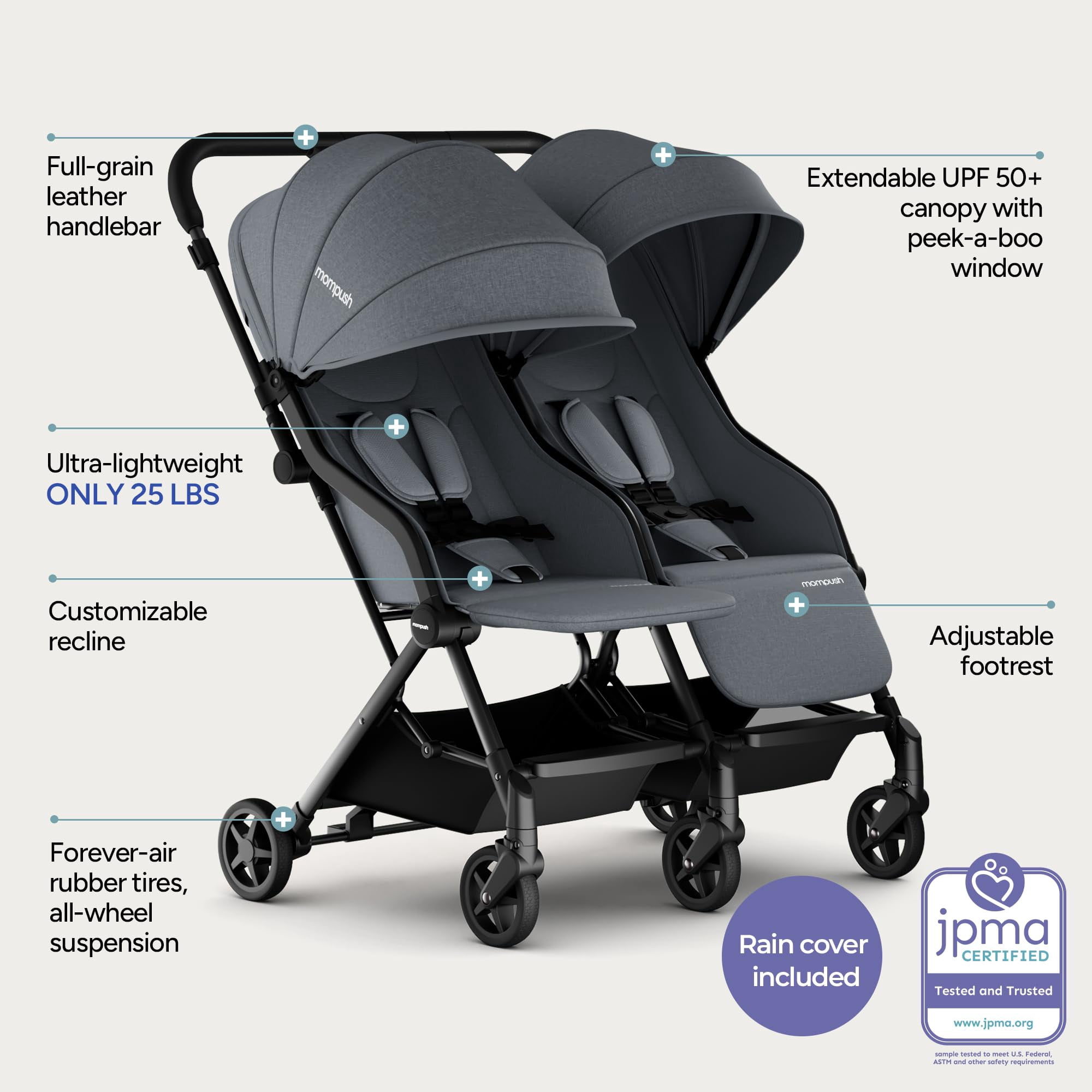 Mompush Lithe Double Stroller with Two Large Individual Side by Side Recline Seat, Gray, 24.5LB, Unisex