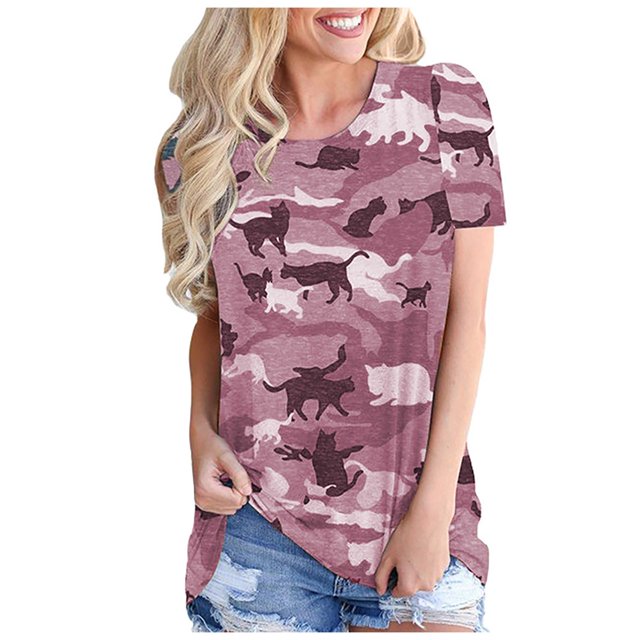 Shorts Camouflage pour Femmes, Imprimé Camouflage, Col Rond, Manches Courtes, Hauts de Loisirs, Hauts à Manches Courtes pour Femmes
