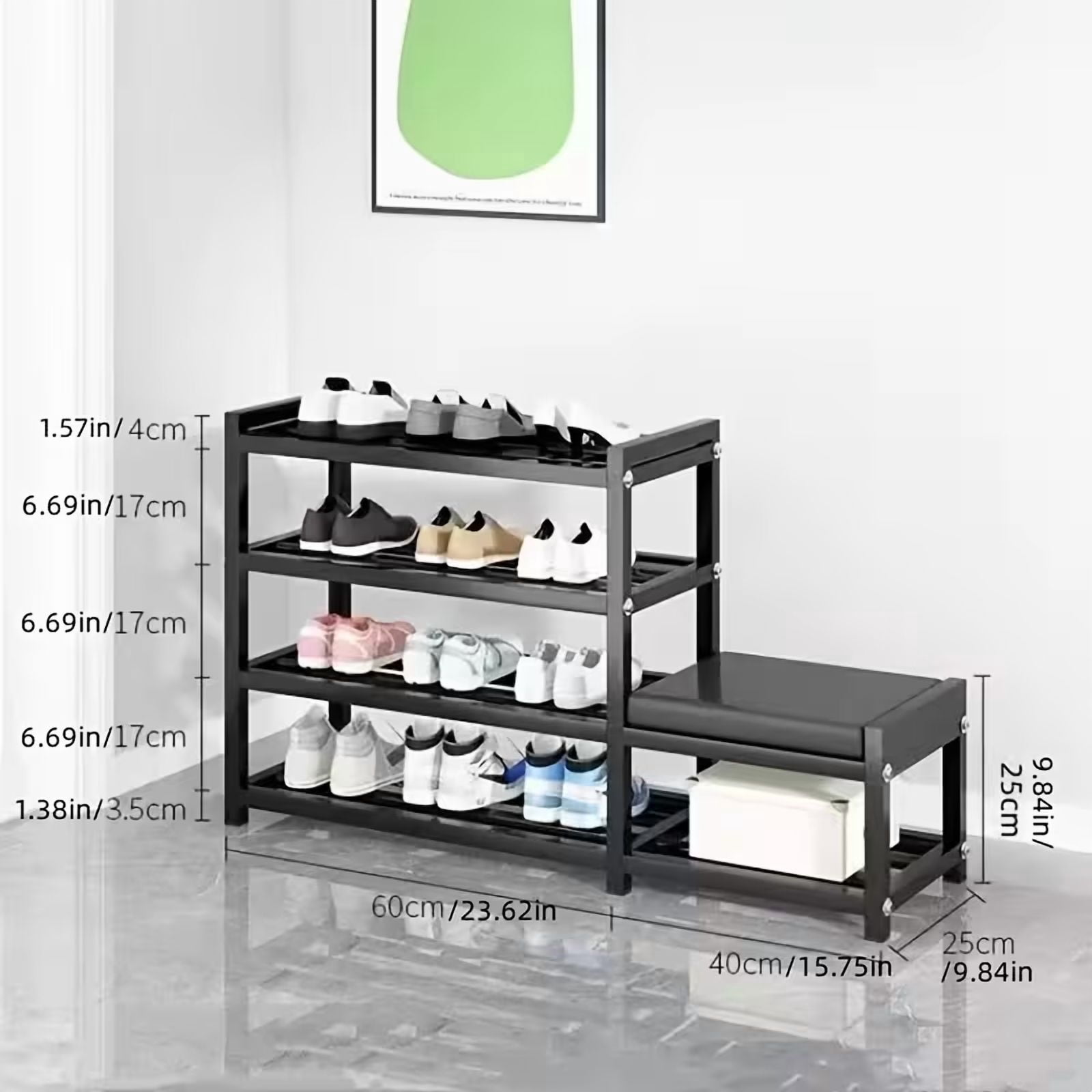 4-Tier Shoe Bench with Shoe Rack, Black Carbon Steel Frame, Space-Saving Entryway Organizer, Modern Shoe Storage for Narrow Hallway & Small Spaces
