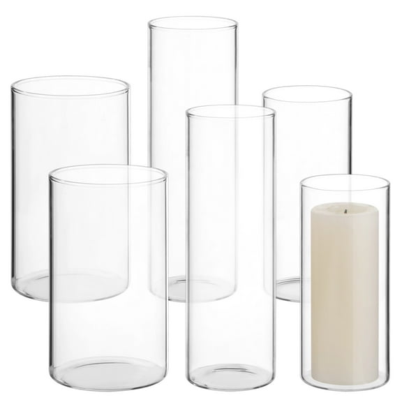 6 PCS Glass Hurricane Holders, Elegant Cylinder Candle Vases, Transparent Home Décor, Windproof Candle Holders White Candles, Modern Minimalist Design