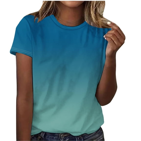 Pxiakgy Basic T Shirts for Women Women‘S Short Sleeve Gradient Color Fashion Round Neck Casual T Shirt Gradient Color Short Sleeve Casual Summer Tops Trendy Solid Loose Fit Tshirt Green L