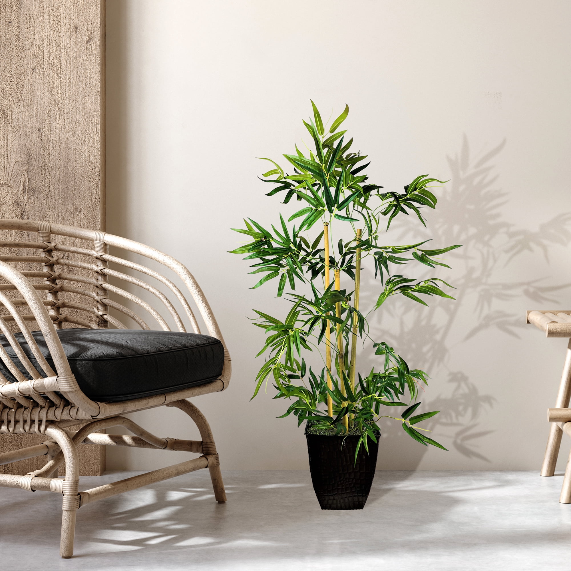 LCG FLORALS Artificial Tree, Bamboo Tree, 4 ft, Black Square Fluted Metal Pot