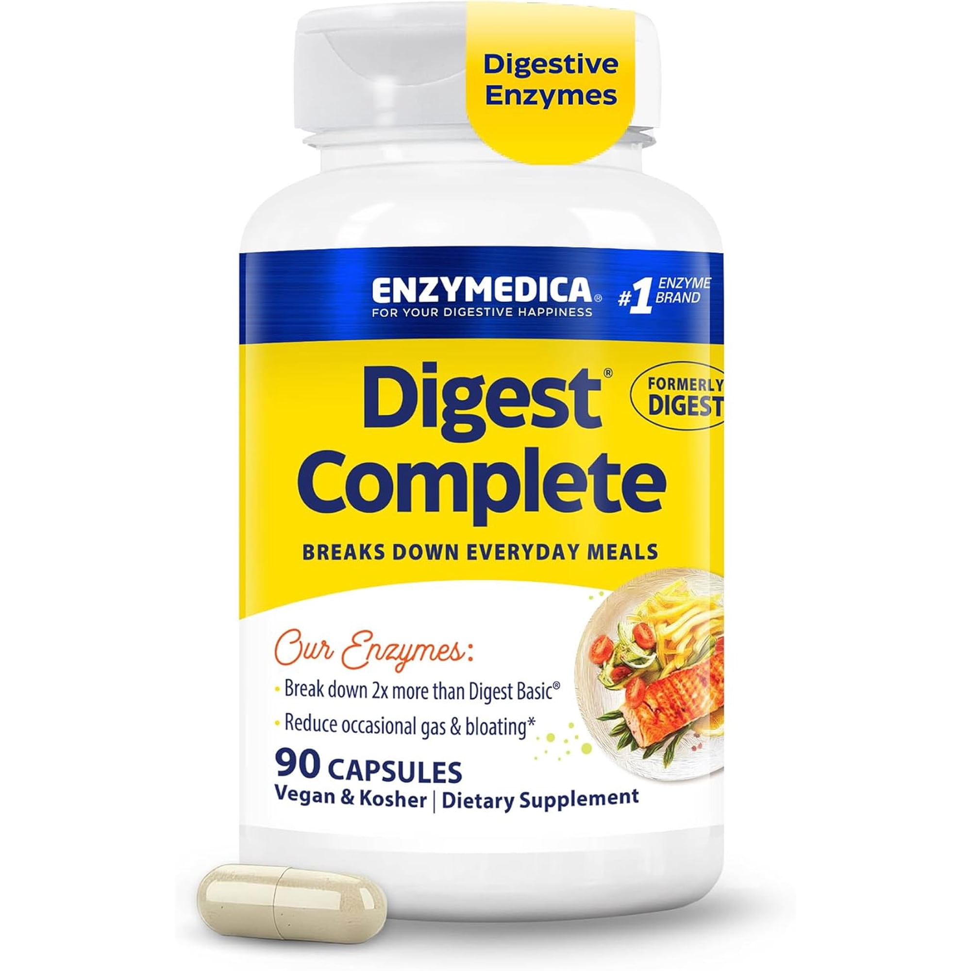 Enzymedica Digest Complete, Digestive Enzyme Supplement for Men & Women, Support for Gut Health, Eases Gas & Bloating, Vegan & Kosher- 90 Capsules