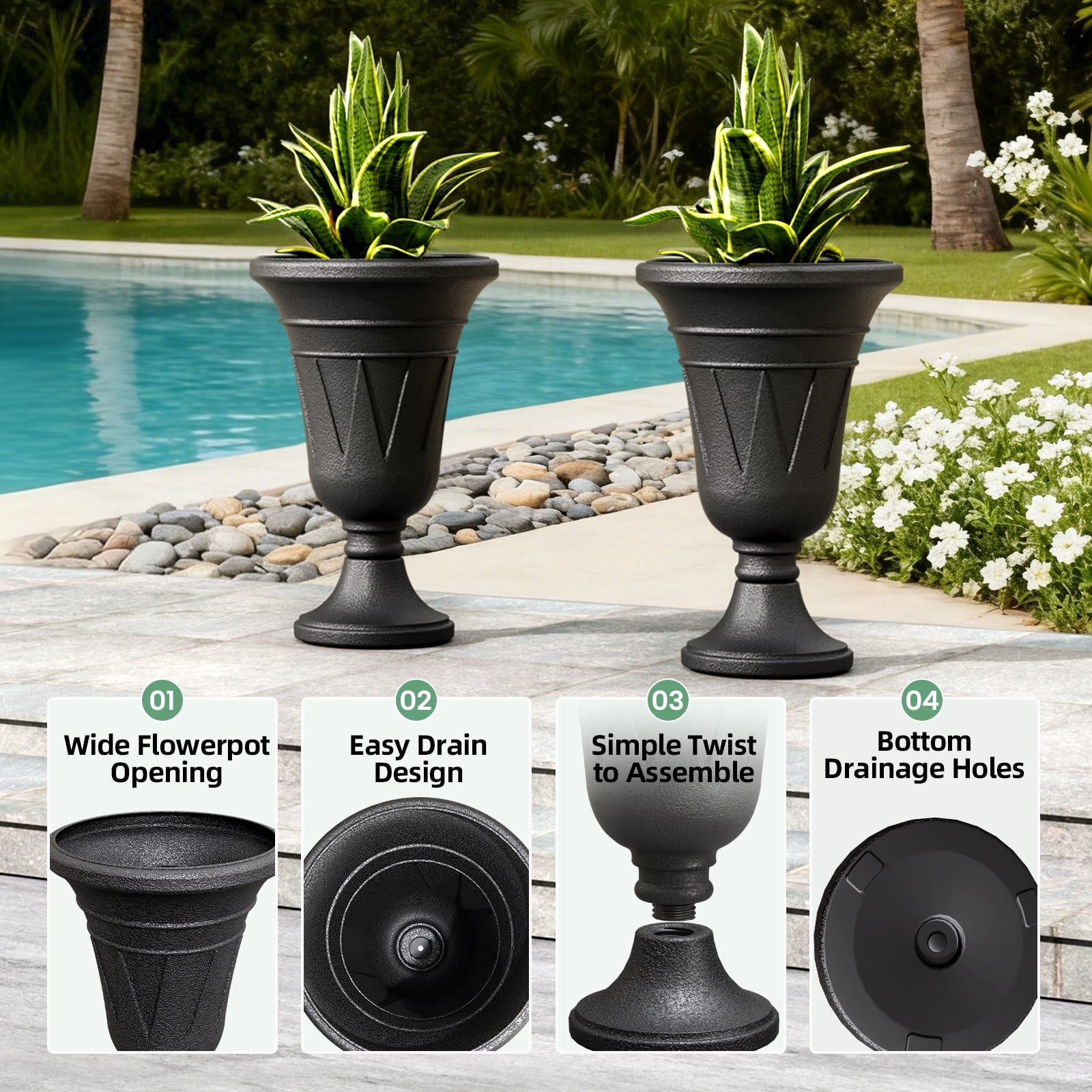 Chiccushion 23.6" Large Urn Planters for Outdoor Plants, Set of 2 Plastic Flower Pot for Wedding Party Bridal Shower Garden Patio Home Decor, Black