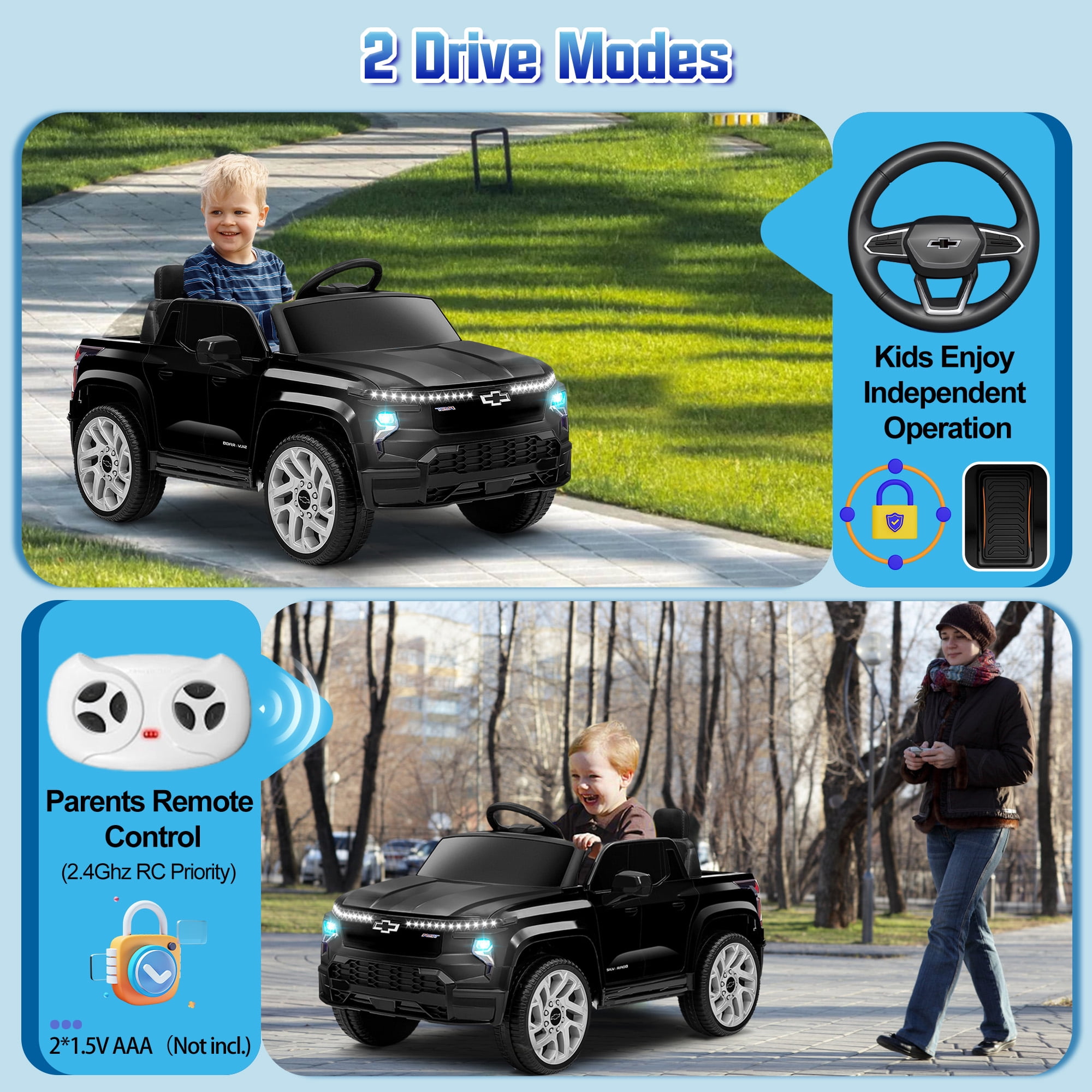 Chevrolet Silverado EV 12V Kids Ride on Car, Wisairt Battery Powered Electric Vehicle w/ Remote Control (Black)