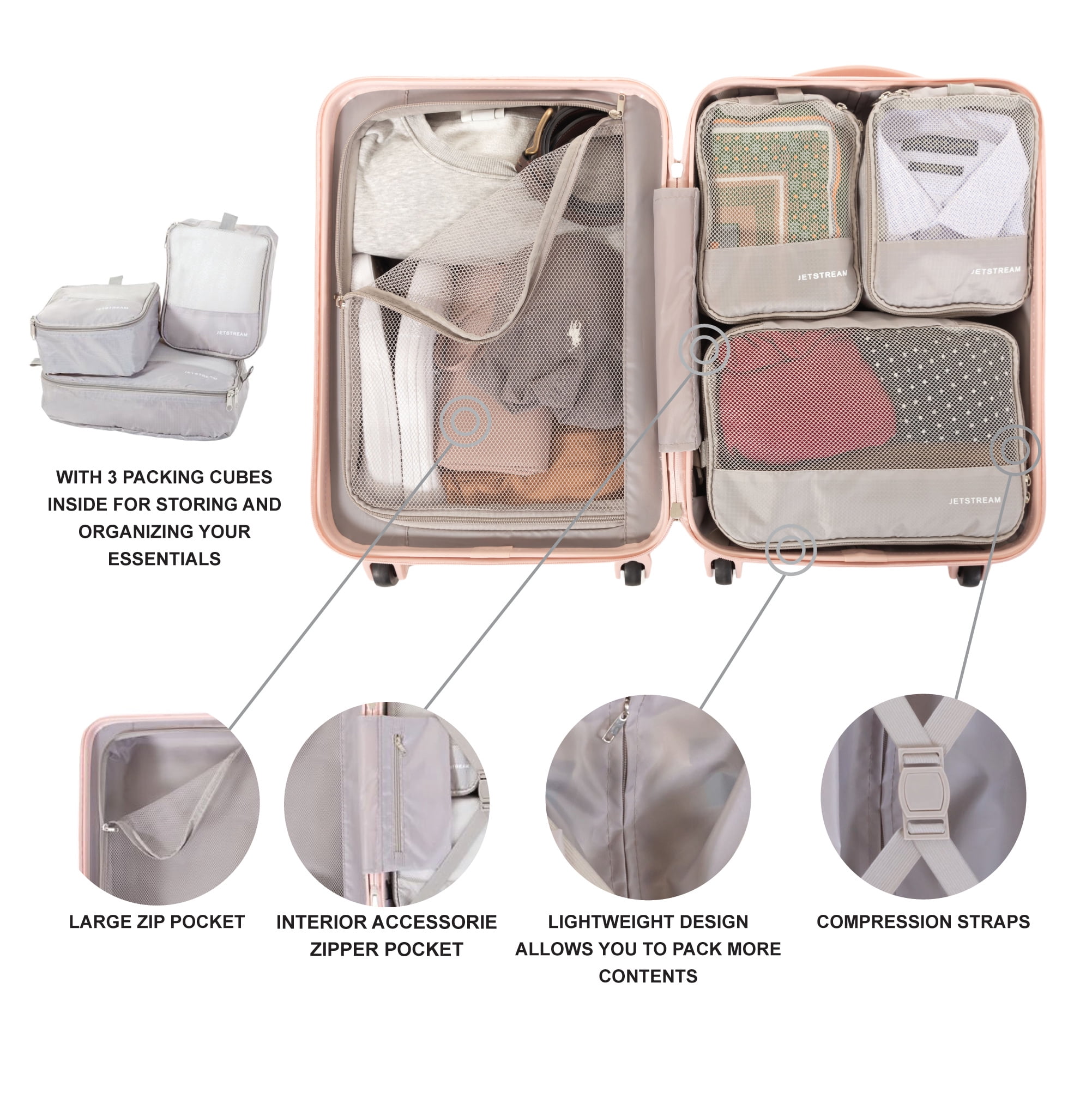 JETSTREAM 5pc Hardside Rolling Spinner Upright Set, 20" 28" Luggage Duo, 3pc Packing Cubes, Blush