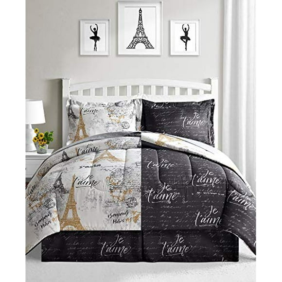 Fairfield Paris Queen Bedding Comforter Set Black and White Reversible 8 Piece Bed in a Bag Eiffel Tower Gold Design