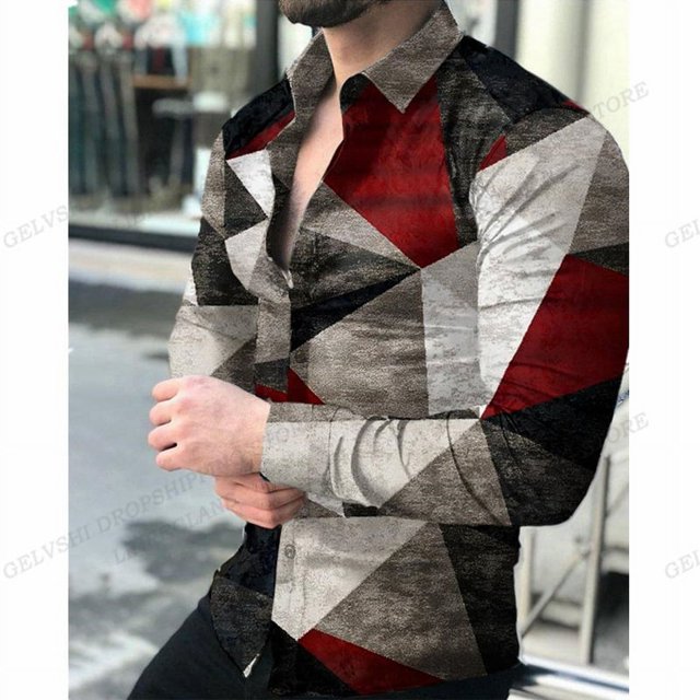 Camisas hawaianas de manga larga con estampado tridimensional 3D, camisas de solapa, camisas de moda para hombres, blusas de playa geométricas, ropa de lujo para hombres
