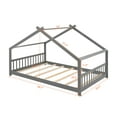 thumbnail image 2 of Harper & Bright Designs Full Size Floor House Bed, Wood Montessori House Bed Frame with Fence, Playhouse Tent Bed with Roof, Gray, 2 of 10