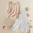 thumbnail image 3 of Women's Casual Embroidered Top and Cotton Linen Long Pants Two Piece Set, Summer Beach Vacation Outfit with High Waist Wide Leg Trousers and Side Pockets for Daily Wear Beige L, 3 of 7
