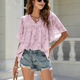 thumbnail image 3 of Camisas de jacquard de verano para mujer, blusa elegante con mangas acampanadas y cuello en V con volantes de Color puro para citas, 3 of 8