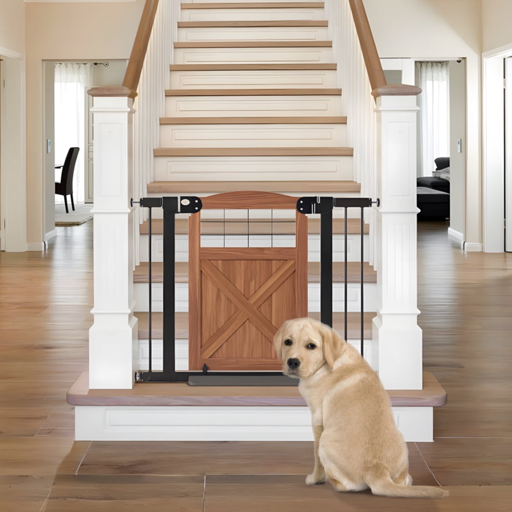 unipaws Barn Door Dog Gate, Anti-Kick Pet Gate with Walk Through Door, Modern Farmhouse Puppy Gate, Walnut