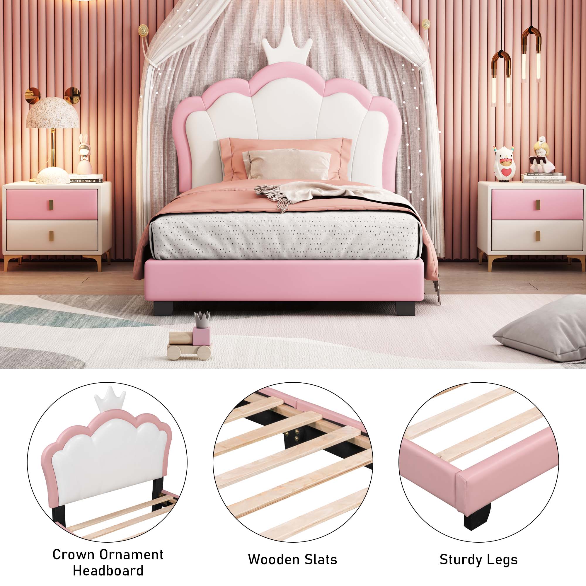 Aukfa Cartoon Kids Twin PU Leather Standard Beds, White/Pink
