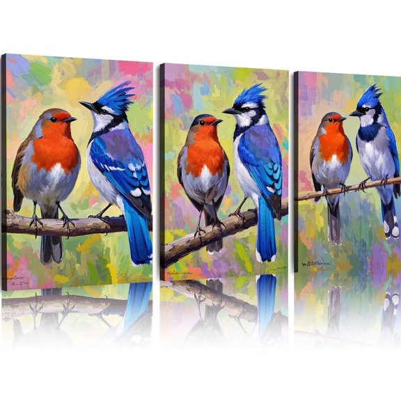 Hieng Unframed Canvas Print Decorative Painting Blue Jay Bullfinch Original Art Couple Bird Artwork Animal Wall Art Decor
