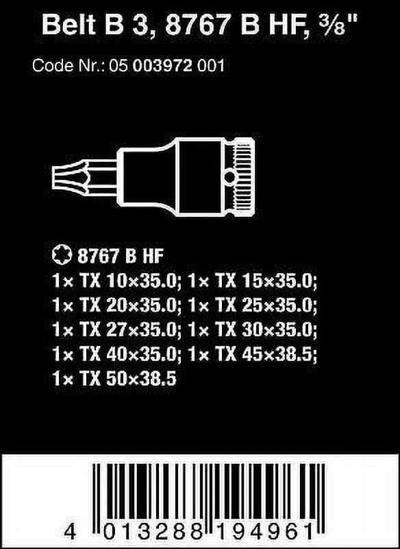 Wera 003972 Belt 3 Zyklop 3/8" Drive Torx Bit Socket Set with Holding Function