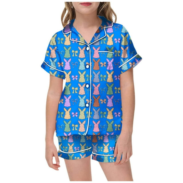 TechWave Robe de Bain de Pâques pour Bébé Fille Robe pour Fille Nœud Papillon Imprimé Col à Revers Manches Courtes Haut Shorts Confortables Ensemble de Pyjama Boutons Mignons Conçus Confortables Respirants pour la Maison