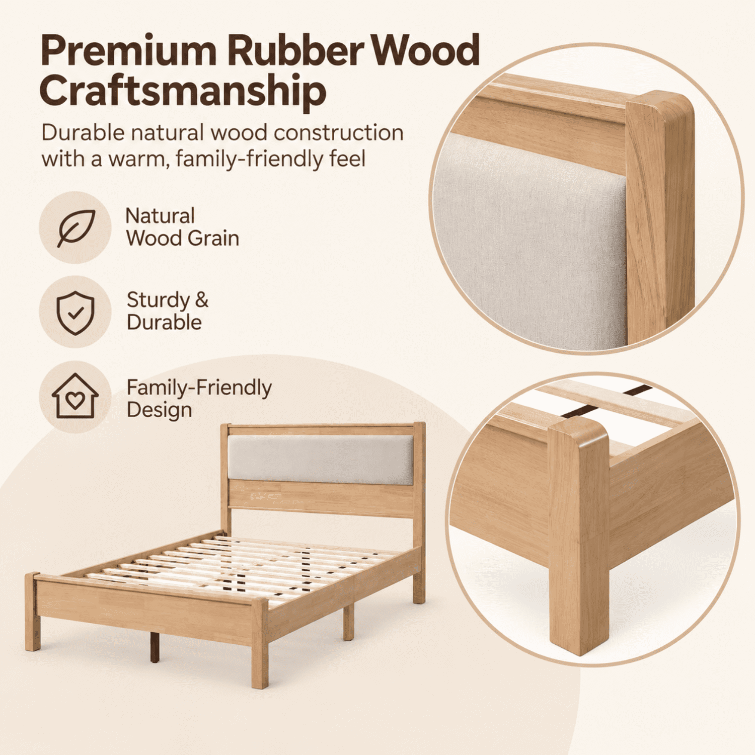 Miniyam Full Rubberwood Platform Bed Frame with Padded Upholstered Headboard, Natural