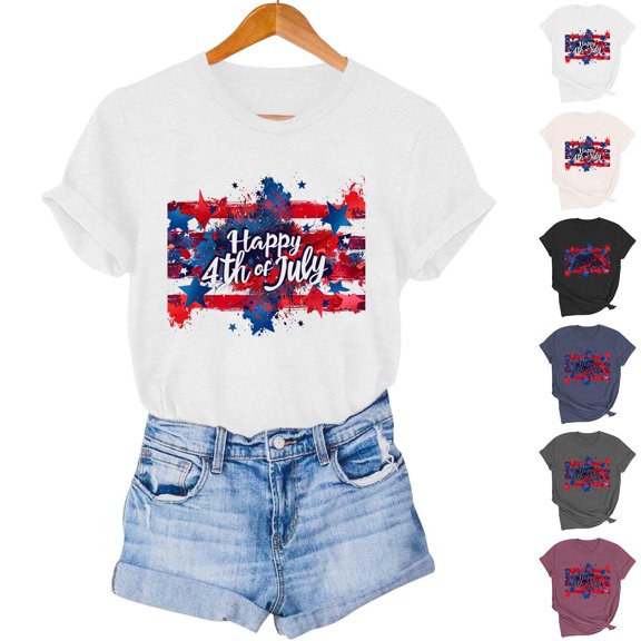 Goodtrade8 Womens Short Sleeve Shirts Summer Fourth of July Pullover Graphic Crew Neck USA Years Anniversary Independence Day Casual Red White and Blue Tops for Women American Flag