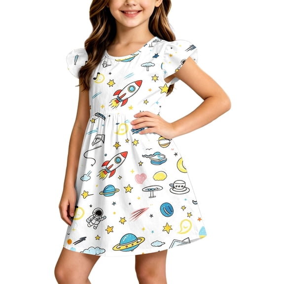 Curuila Toddler Girls Dress Flutter Sleeve Cartoon Print Crew Neck For School Casual Dresses Size 18-24 Months