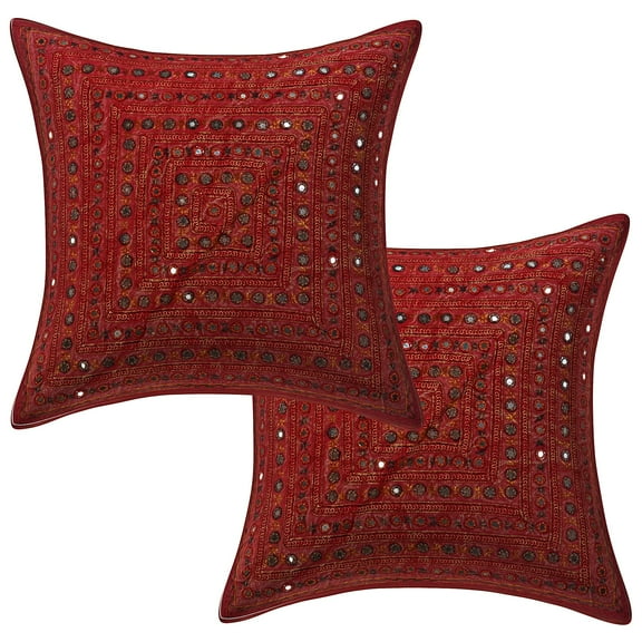 Stylo Culture Indian Settee Sofa Throw Pillow Covers 16 x 16 Embroidered Mirror Lace Maroon Bohemian 40x40 cm Bedroom Cotton Geometric Square Cushion Covers | Set Of 2