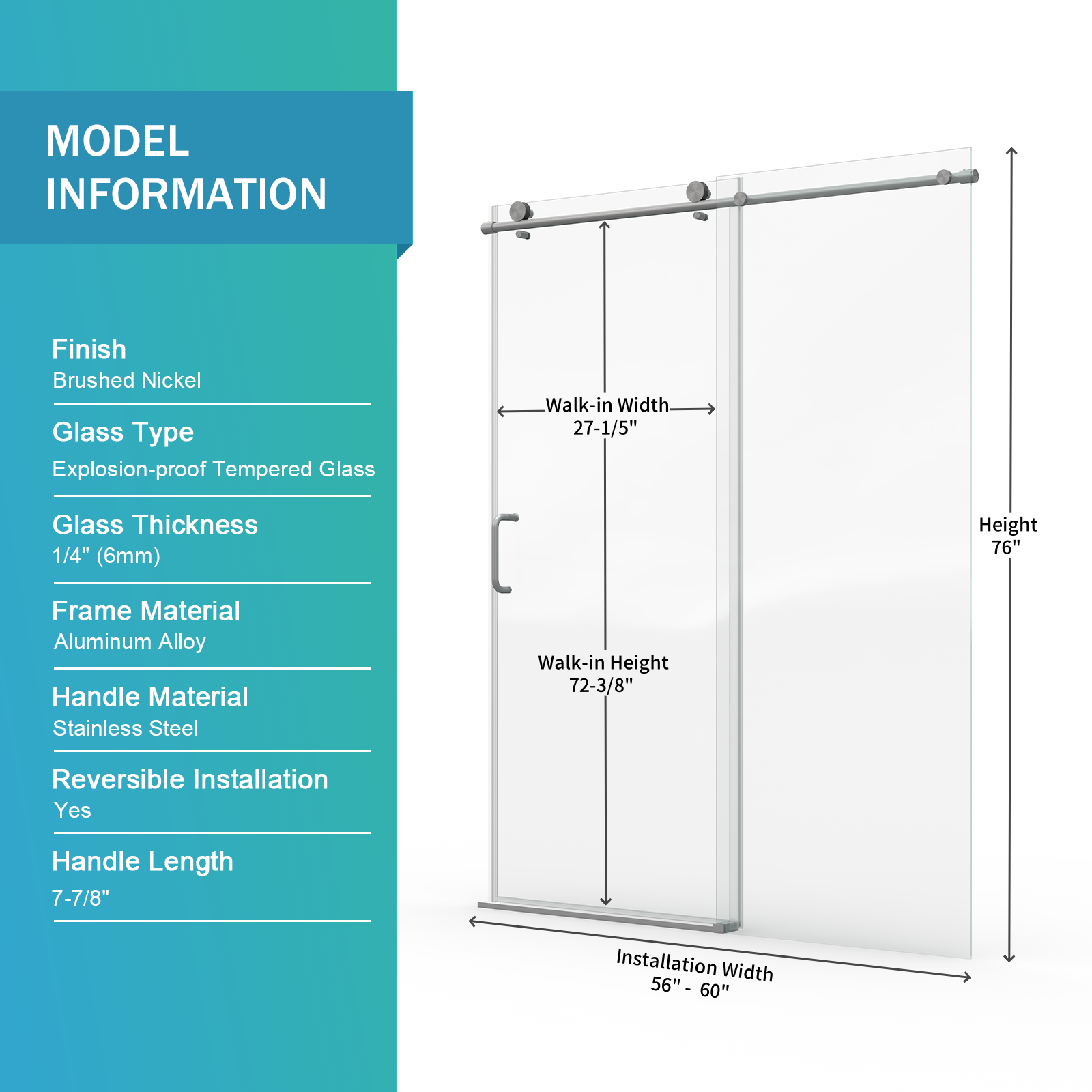PAPROOS 56”-60”W x 76”H Frameless Sliding Shower Door, Bypass Bathroom Shower Door with 1/4 inch Tempered Glass, Adjustable Bathroom Doors with ANSI-Certified for Walk-in Shower, Brushed Nickel