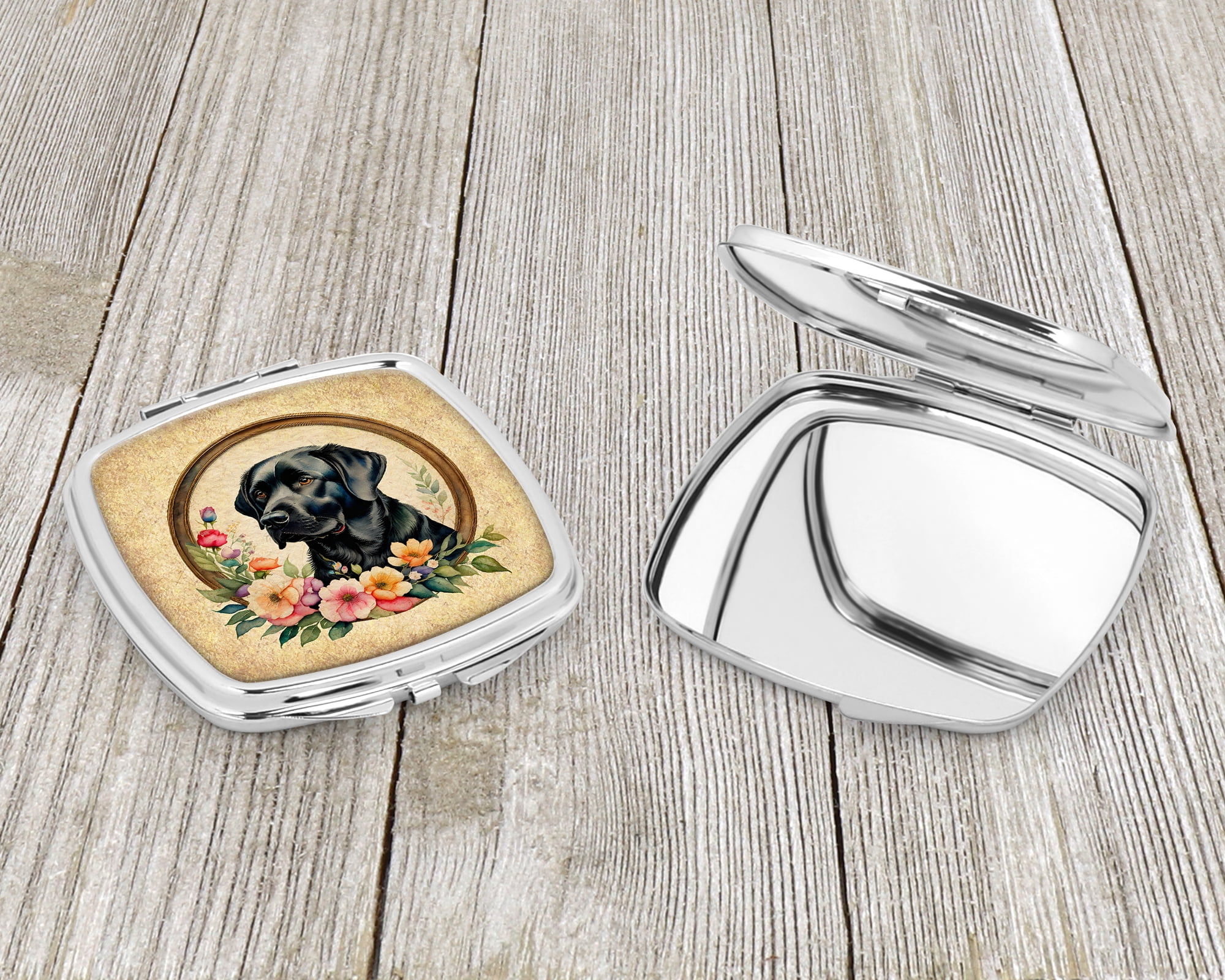 Black Labrador Retriever and Flowers Compact Mirror 2.75 in x 3 in