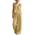 thumbnail image 3 of VBVC Women's V-Neck 2 Piece Pleated Set,Sleeveless Top and Wide Leg Pants For Women, Ladies' Breathable Summer Loungewear With Pockets,Yellow,S-3XL, 3 of 9