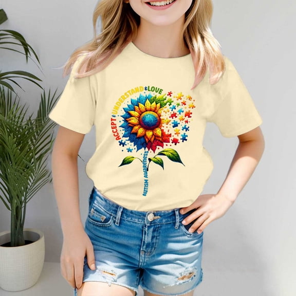 Girls T Shirts Autism Awareness Short Sleeve Ribbed Tee Casual Girls Clothes Beige 3-4 Years