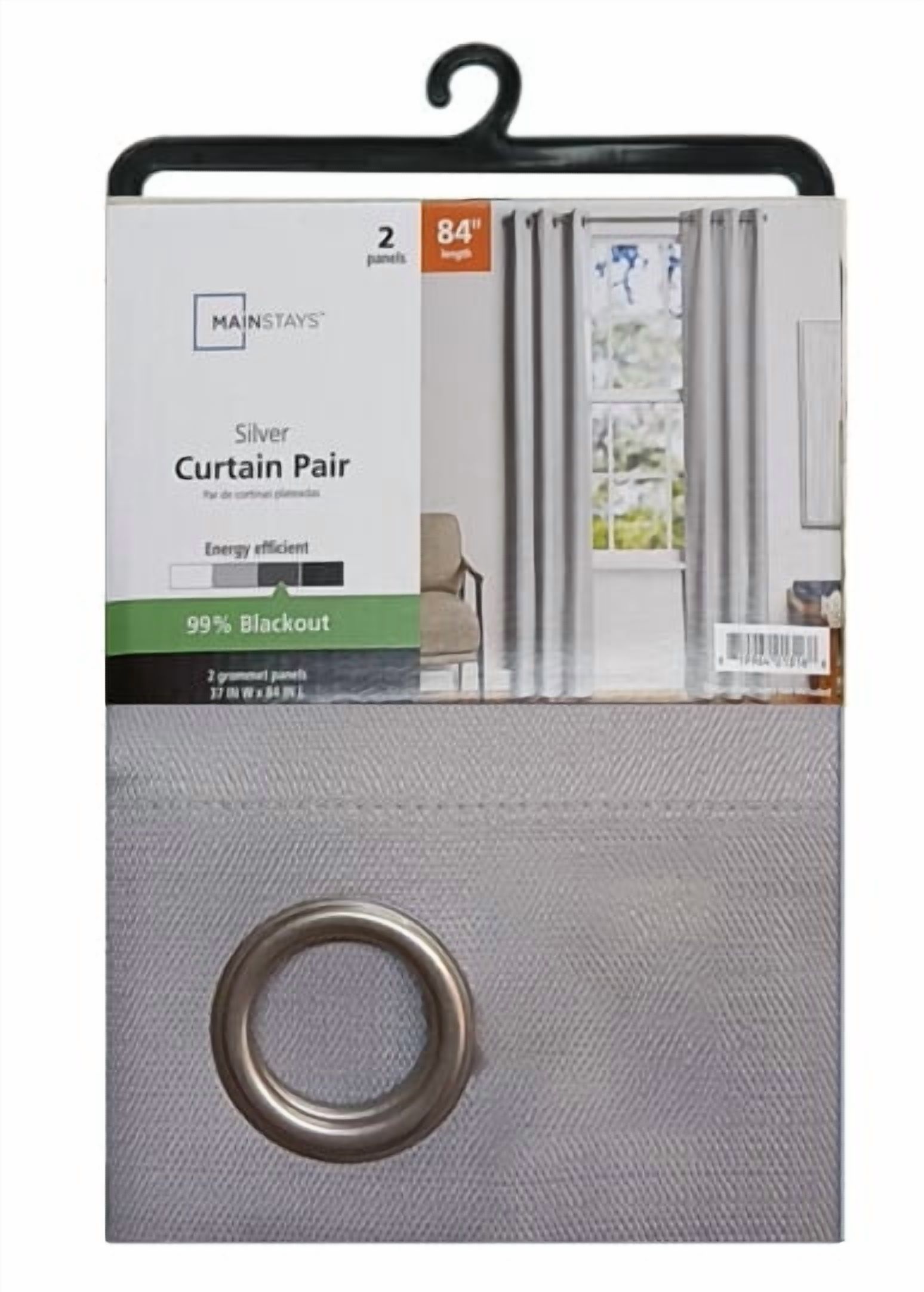 MAINSTAYS OLAN TEXTURED SOLID BLACKOUT GROMMET CURTAIN PANEL PAIR WINDOW TREATMENT, SET OF 2 ROOM DARKENING DRAPES FOR BEDROOM, SILVER, 37″ W X 84″ L