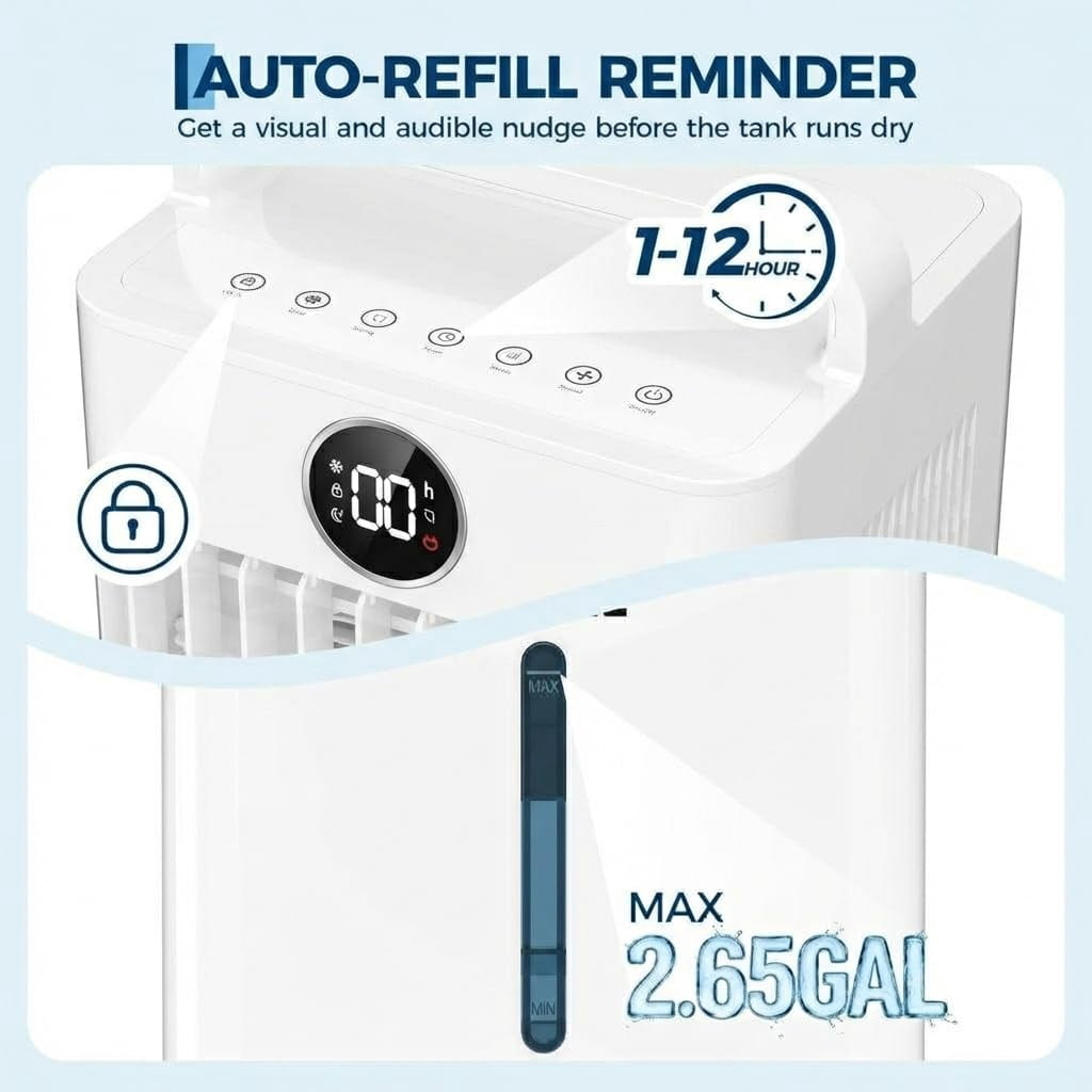 2.6Gal Portable Air Conditioners, 3-in-1 Swamp Cooler with HEPA Filter, Remote Control, 6 Speeds & 3 Modes, Quiet Operation for Rooms Up to 450 Sq Ft, 24-Hour Timer, 360° Swivel Casters