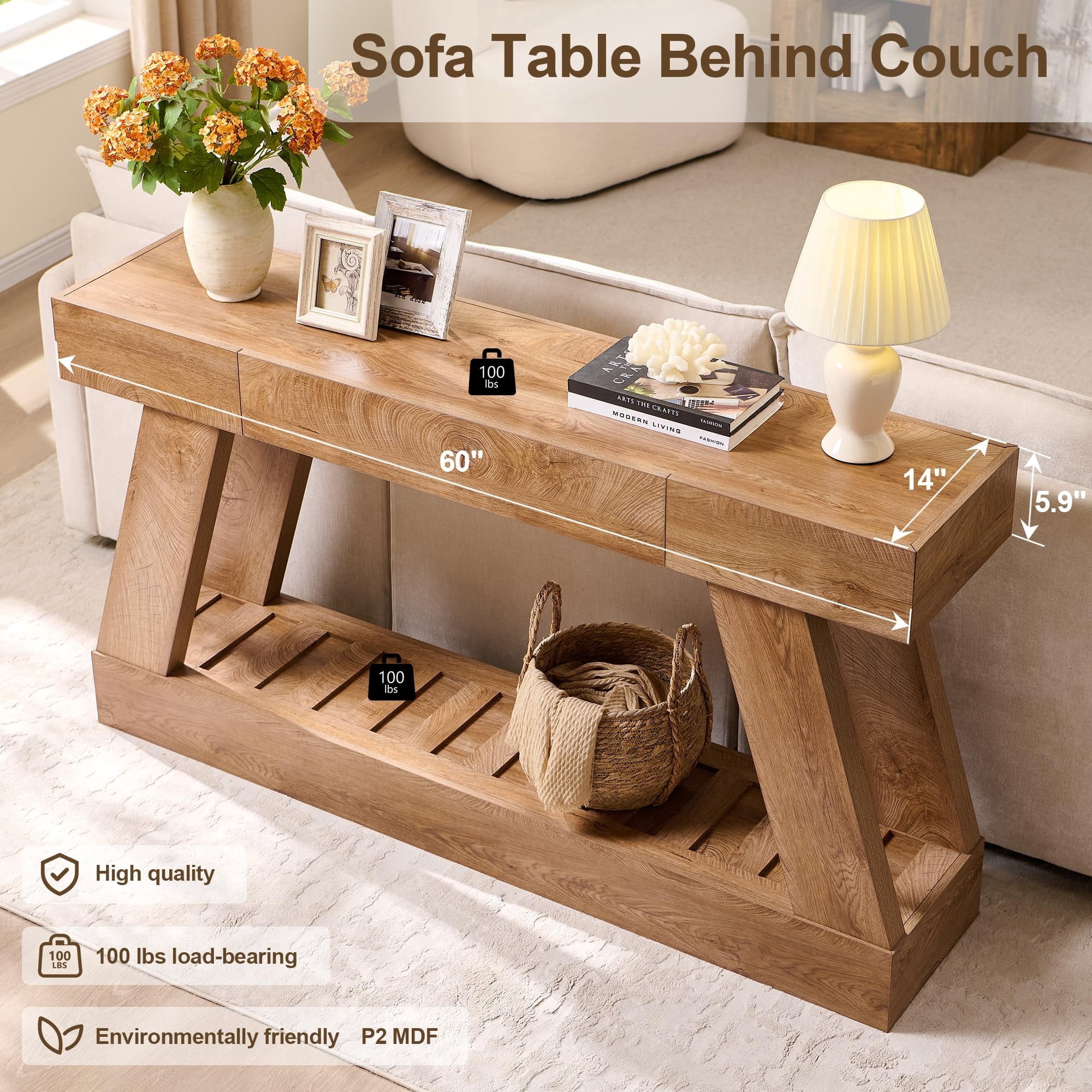 OKD 60" Wood Console Table, Farmhouse 2-Tier Sofa Table Entryway Table with Drawer & Heavy Duty Base for Entrance, Hallway, Living Room - Light Knotty Oak