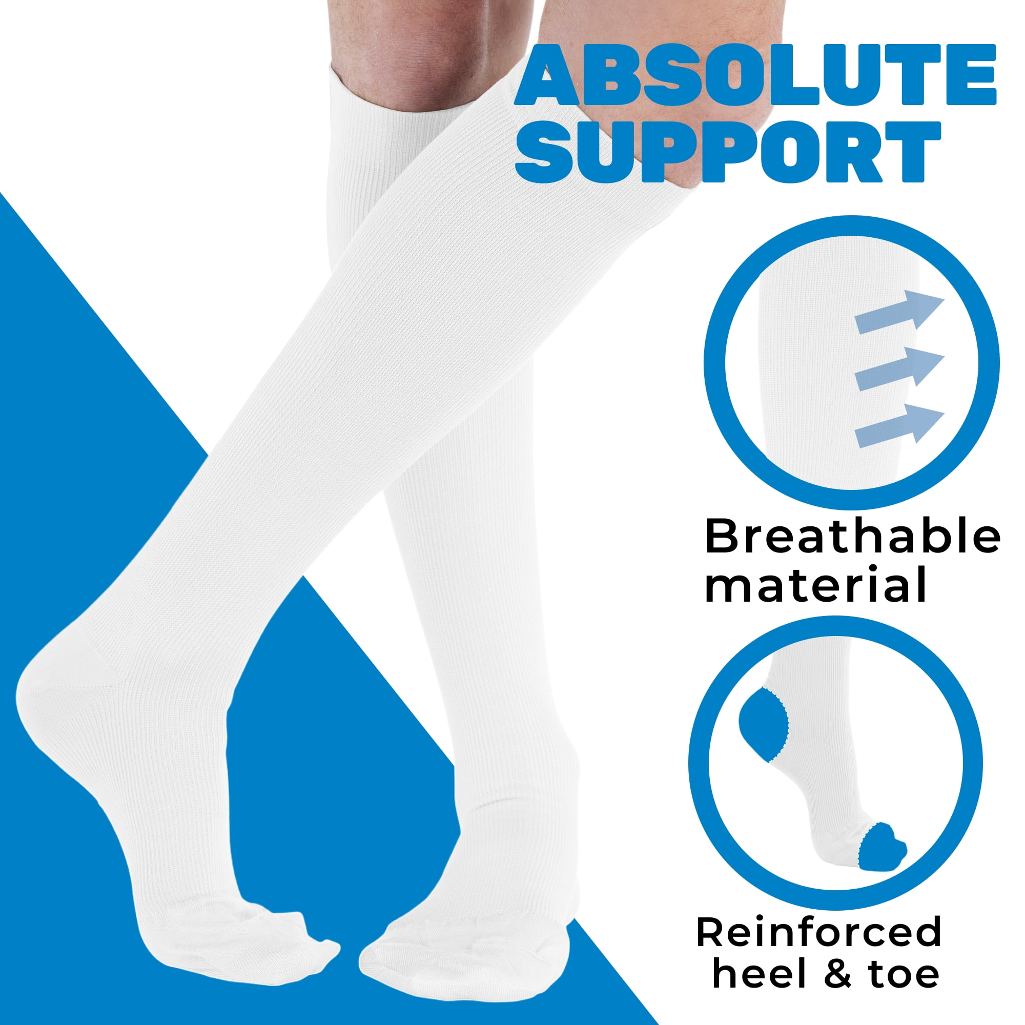 Absolute Support Made in USA Men Compression Knee High 20-30mmHg White, X-Lagge