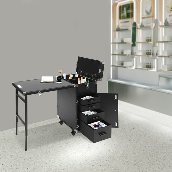 Miumaeov Nail Desk Rolling Manicure Table Mobile Makeup Train Case Cosmetic Trolley Storage Organizer with 4 Drawers Remote Control