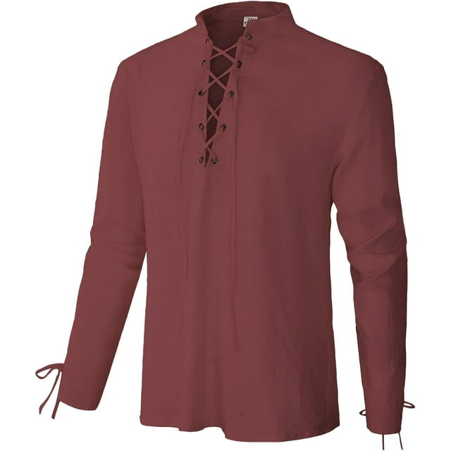 Chemise en Lin à Manches Longues pour Hommes Lacée Col en V Viking Médiéval Pirate Haut