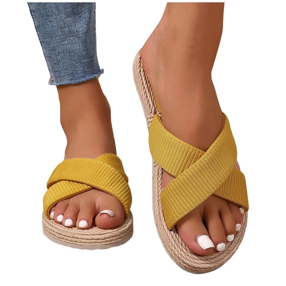 Women Woven Slipper Summer Stylish Casual Comfortable Lightweight Non-Slip Flat Sandals For Vacation (9, Yellow)