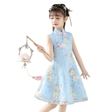 

GWAABD Spring Outfits for Girls Blue Polyester Toddler Kids Baby Girls Children Fairy Hanfu Sleeveless Dresses for Chinese Calendar New Year Princess Dresses Embroidery Tang Suit Performance 140