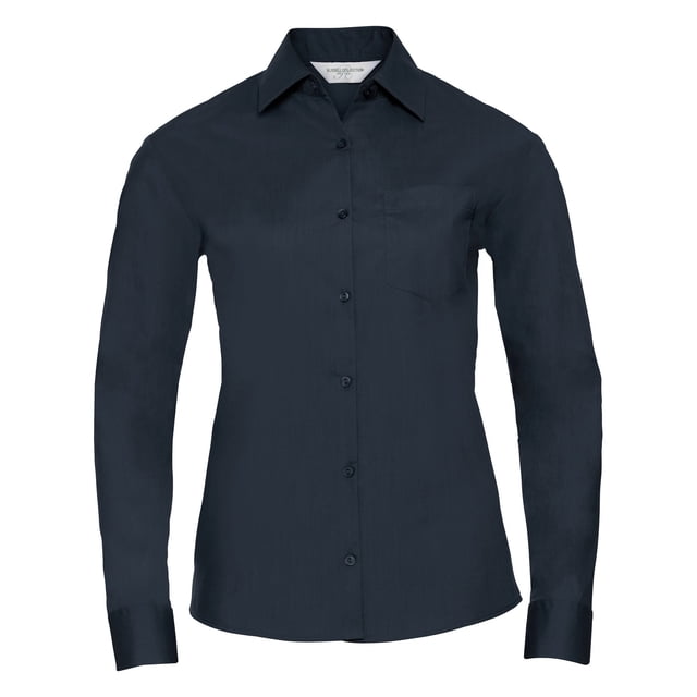 Russell Collection- Camisa de manga larga de popelín y poliéster/algodón de fácil cuidado para mujer (Azul marino)