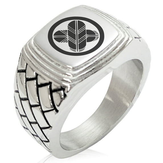 Stainless Steel Asano Samurai Crest Geometric Pattern Step-Down Biker Style Polished Ring