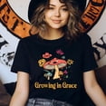 thumbnail image 3 of Growing in Grace Christian T-Shirt Retro Floral Mushroom Graphic Tee, Navy, Size S, 3 of 6