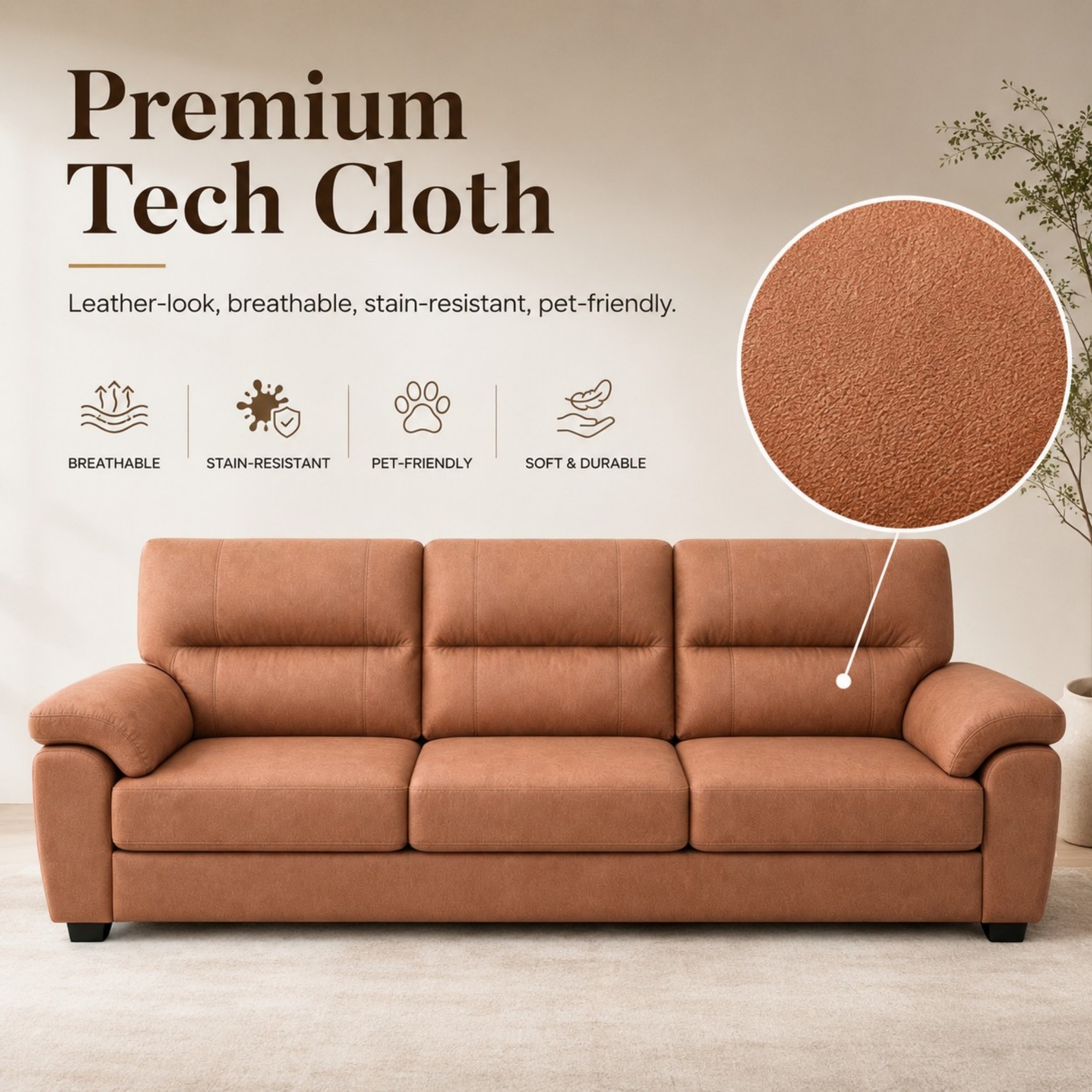 DEALTOPS 84" Tech Cloth 3-Seat Sofa, Mid-Century Vintage Couch with Pillow Arms, Brown