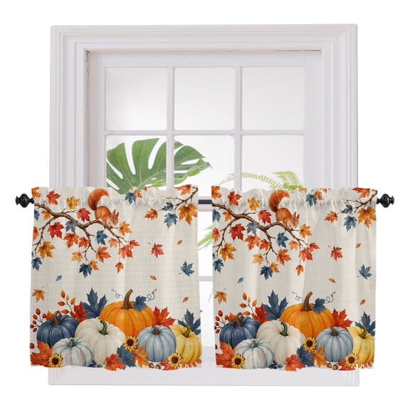 Thanksgiving 2 Panel Kitchen Curtains for Small Windows, Vintage Fall Squirrel Pumpkin Maple Branches Bathroom Tier Curtain, Short Window Treatment for Bedroom/Living Room 55"x24"