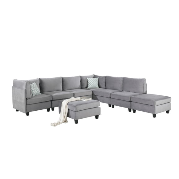 Contemporary Home Living Set of 8 10' Pewter Gray Velvet Modern Style Modular Sectional Sofa