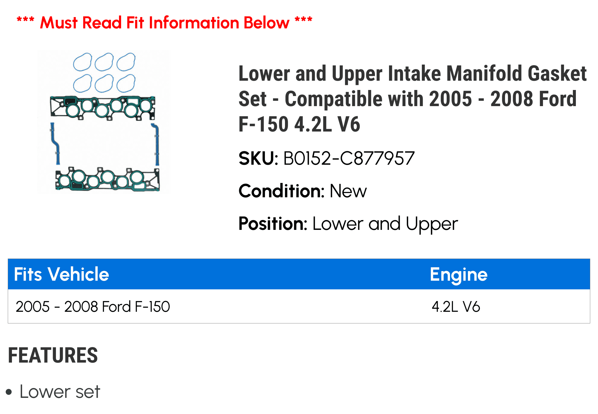 Lower and Upper Intake Manifold Gasket Set - Compatible with 2005 - 2008 Ford F-150 4.2L V6 2006 2007