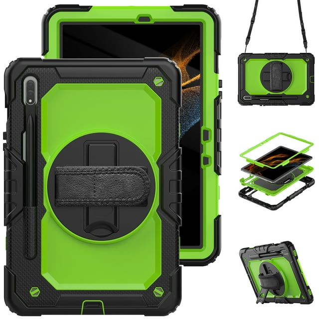 XYX For Samsung Galaxy Tab S8/S7 Case 11 inch, 360 Rotating Shockproof Cover with Stand, Screen Protector, Shoulder Strap (SM-X700/SM-T870), Lime PC