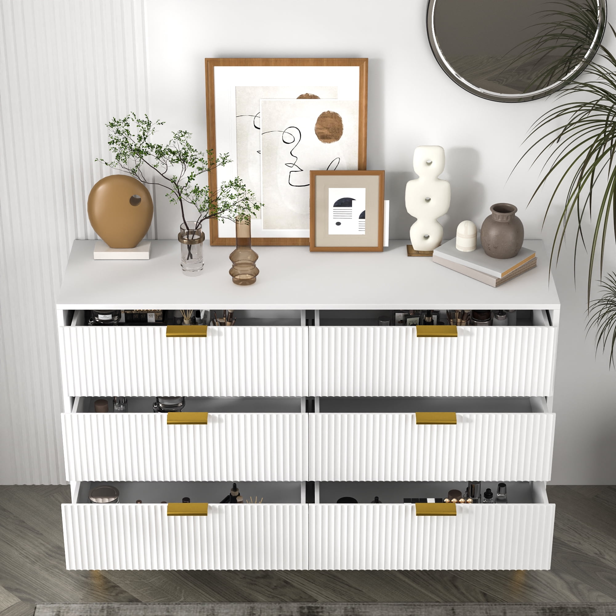 Oubayajia Modern Bedroom Dresser with 6 Drawers, Wood Storage Chest of Drawers with Fluted Panel