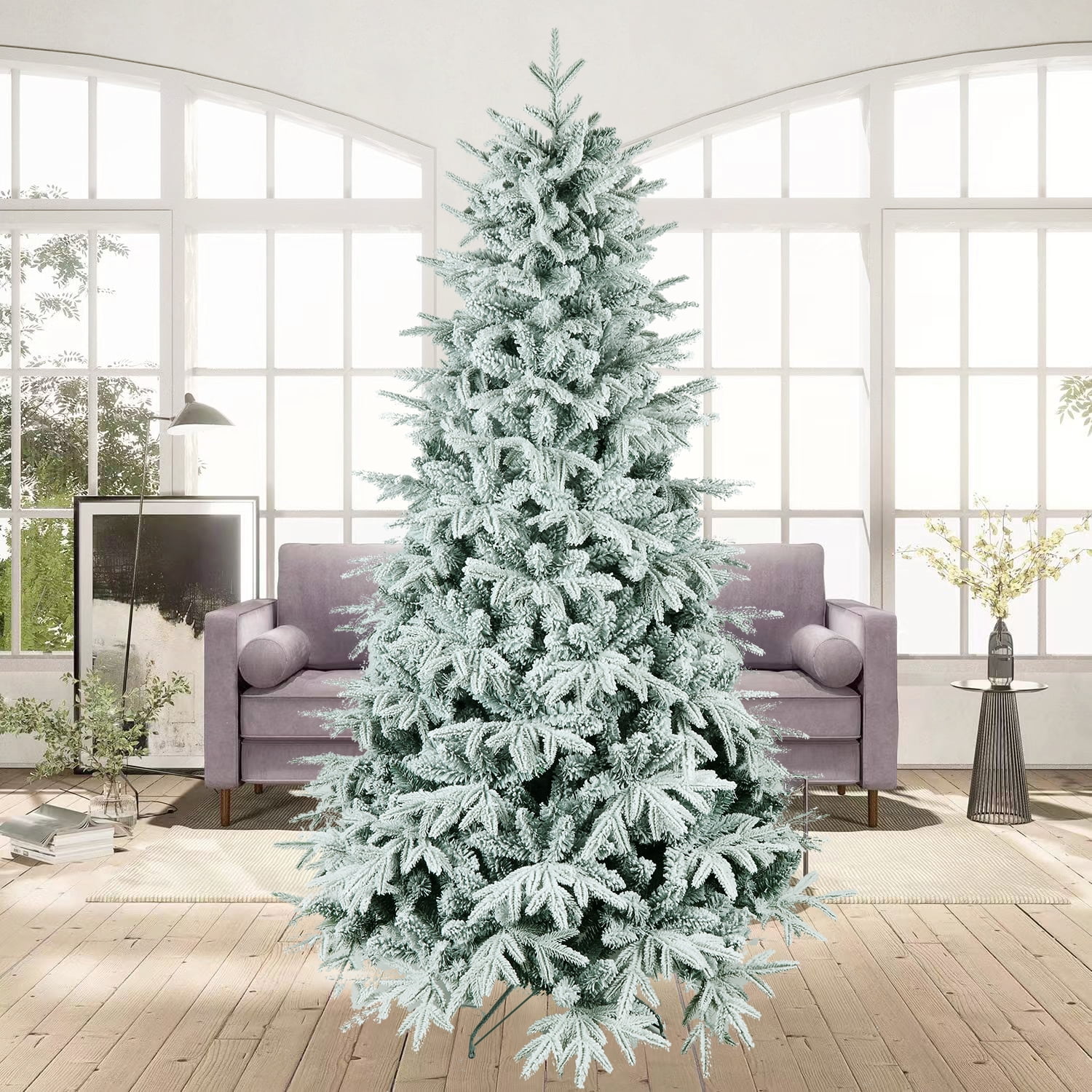 Snow Flocked Christmas Tree 7ft Artificial Hinged Pine Tree with White Realistic Tips Unlit