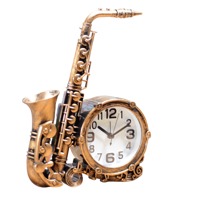 Despertador vintage con forma de saxofón con acabado de latón