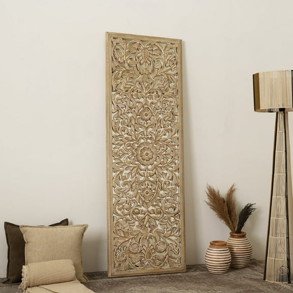 Wooden Floral Hand Carved Mandala Rectangle Wall Decor Accent with Mirror Work-24X71"