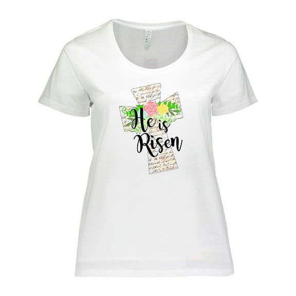 Inktastic He is Risen Cross with Script and Flowers Women's Plus Size T-Shirt
